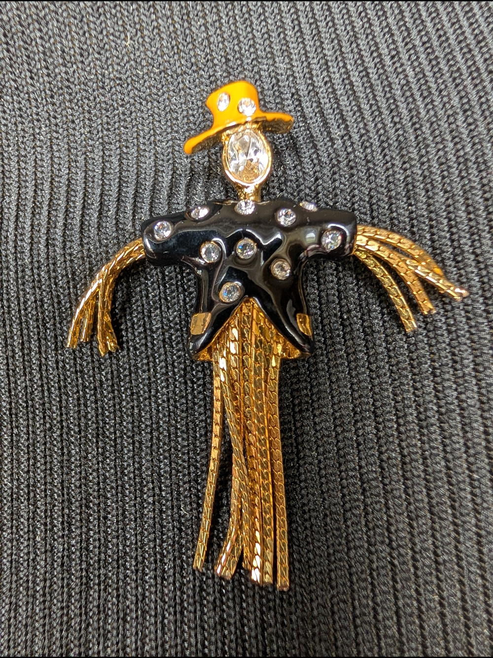 Scarecrow Brooch Lapel Pin Chain Legs & Arms Orange Hat Black Shirt Faux Gems 2"